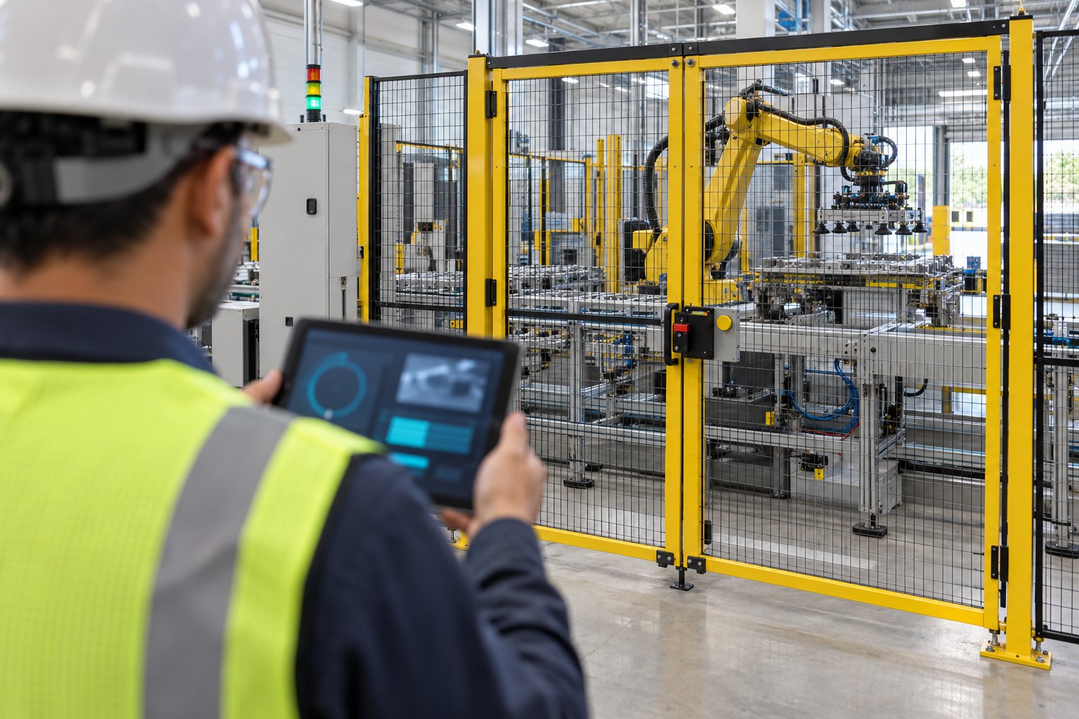 A control owner using X3 Critical Controls on a tablet beside a fenced machine cell