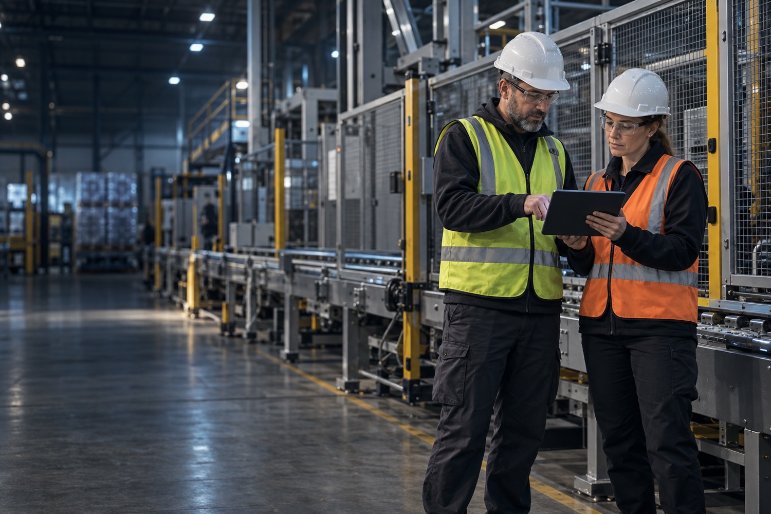 Two safety leads in hard hats reviewing a tablet beside a fenced and guarded conveyor line on a bright plant floor