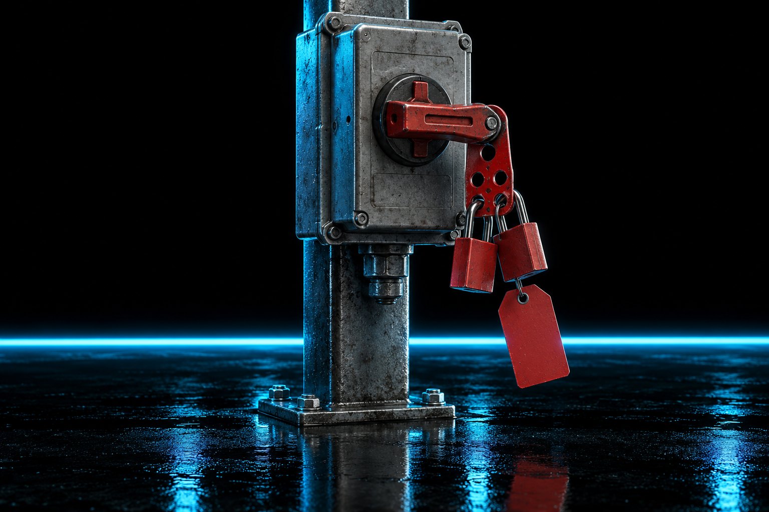 A heavy industrial electrical disconnect switch mounted on a short steel post, its handle in the off position and locked with a red steel lockout hasp carrying two red safety padlocks