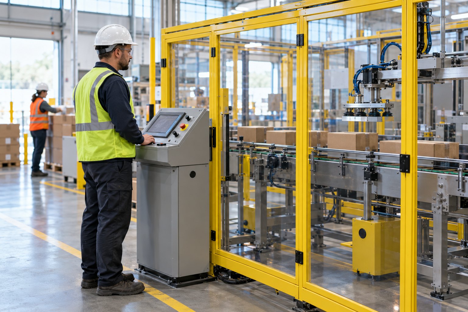 A packaging line running smoothly behind closed, intact yellow machine guarding