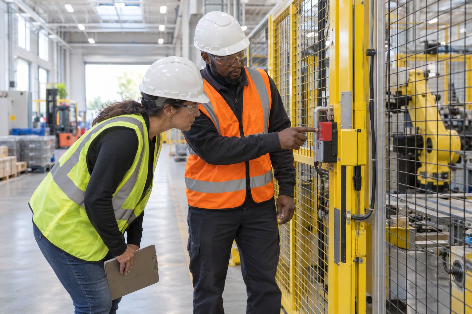 Two people at a guarded machine: the control owner points to an interlock switch on a yellow safety gate while an independent verifier bends in to look closely at it