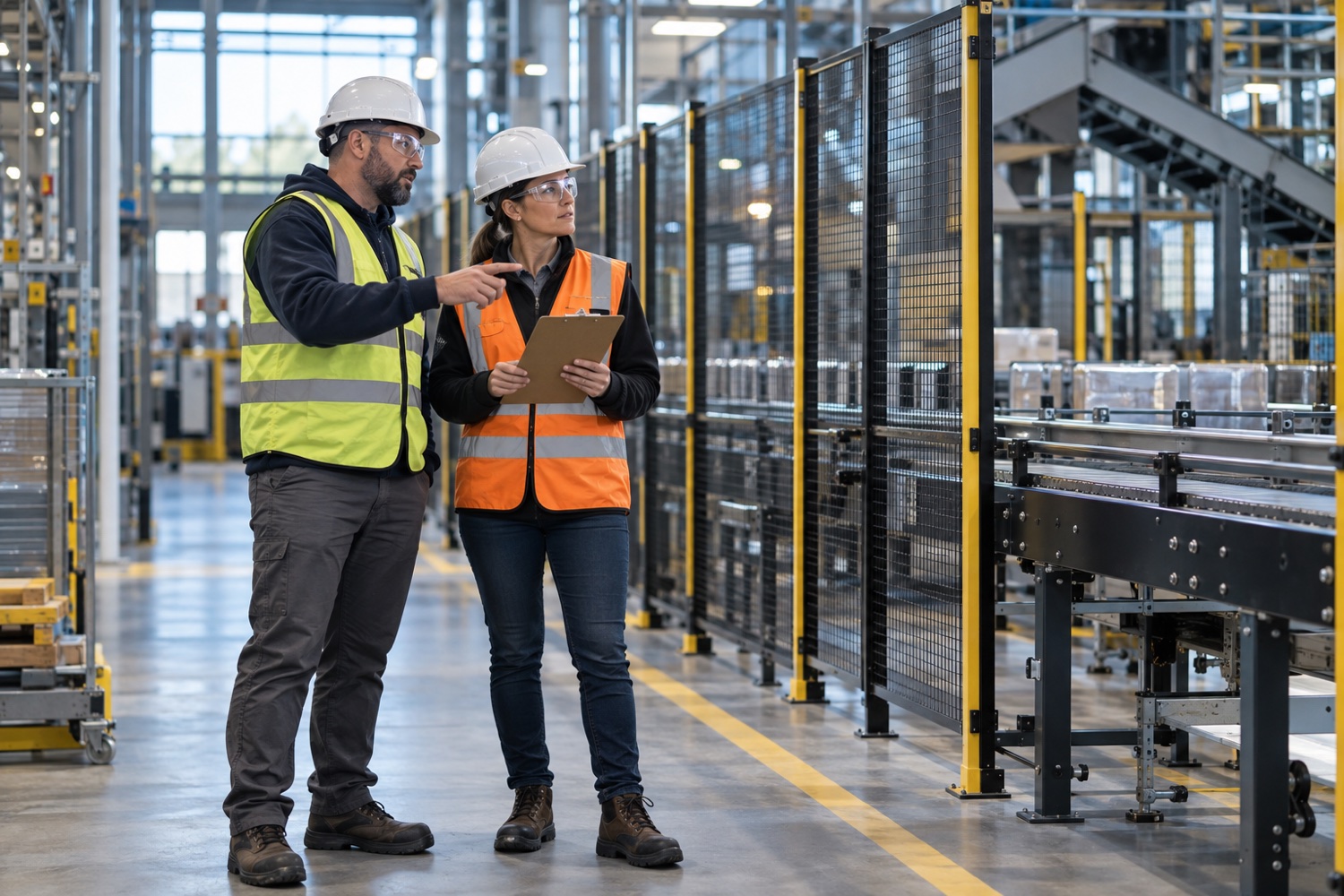 A control owner and an independent verifier reviewing a guarding checklist on a clipboard beside a fenced machine cell