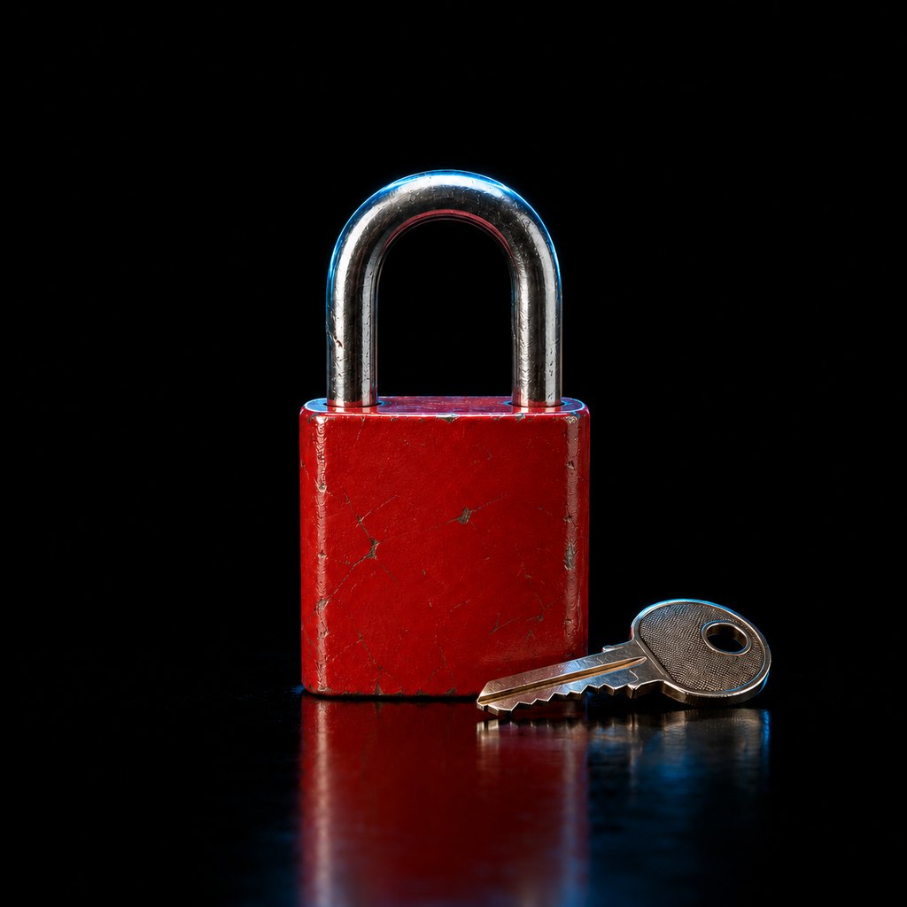 A single red steel safety padlock, closed, with its key lying beside it