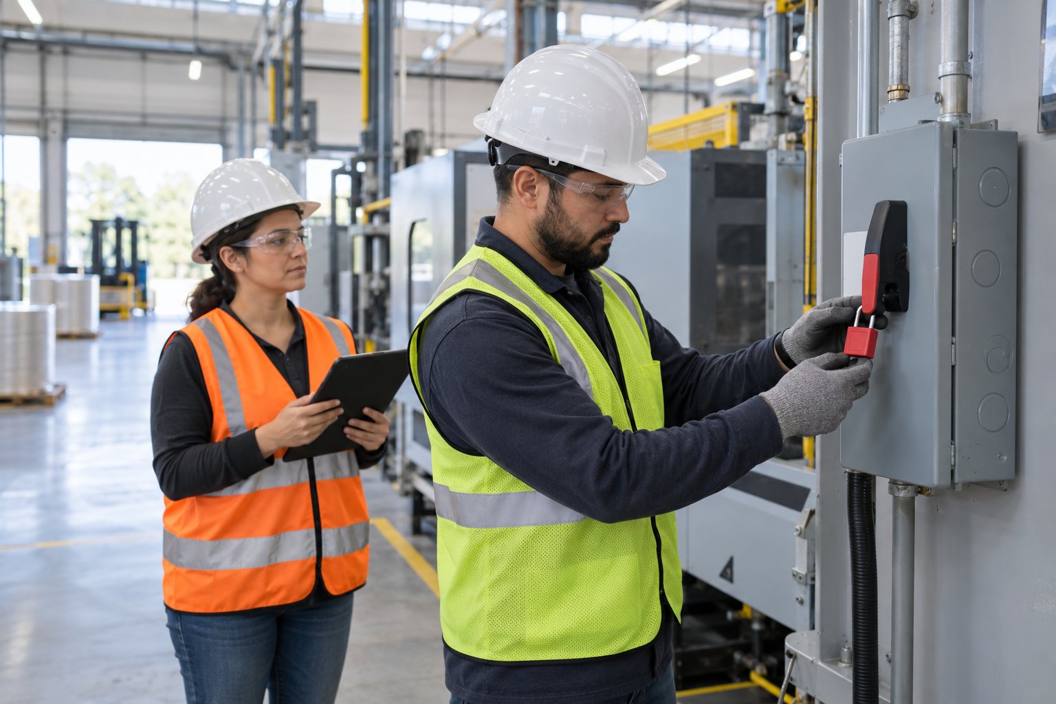 A maintenance technician applying a red safety padlock to the handle of a wall-mounted electrical disconnect beside a machine